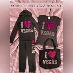 RARE HTF Vtg. Victoria Secret Pink "I Love Vegas" 4 Piece BLING Sequin Set XS/S
